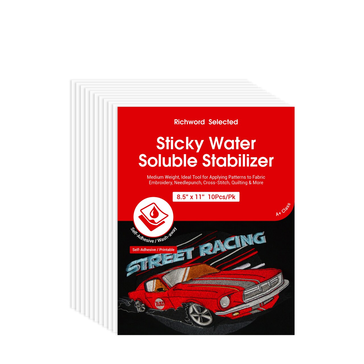 Richword Selected Printable Sticky Water-Soluble Embroidery Stabilizer, Wash Away Self-Adhesive Topper for Hand & Home Machine Embroidery, 8.5 x 11 in Sheets (10, 15 & 30 Pack) and 12 in x 10 yd Roll